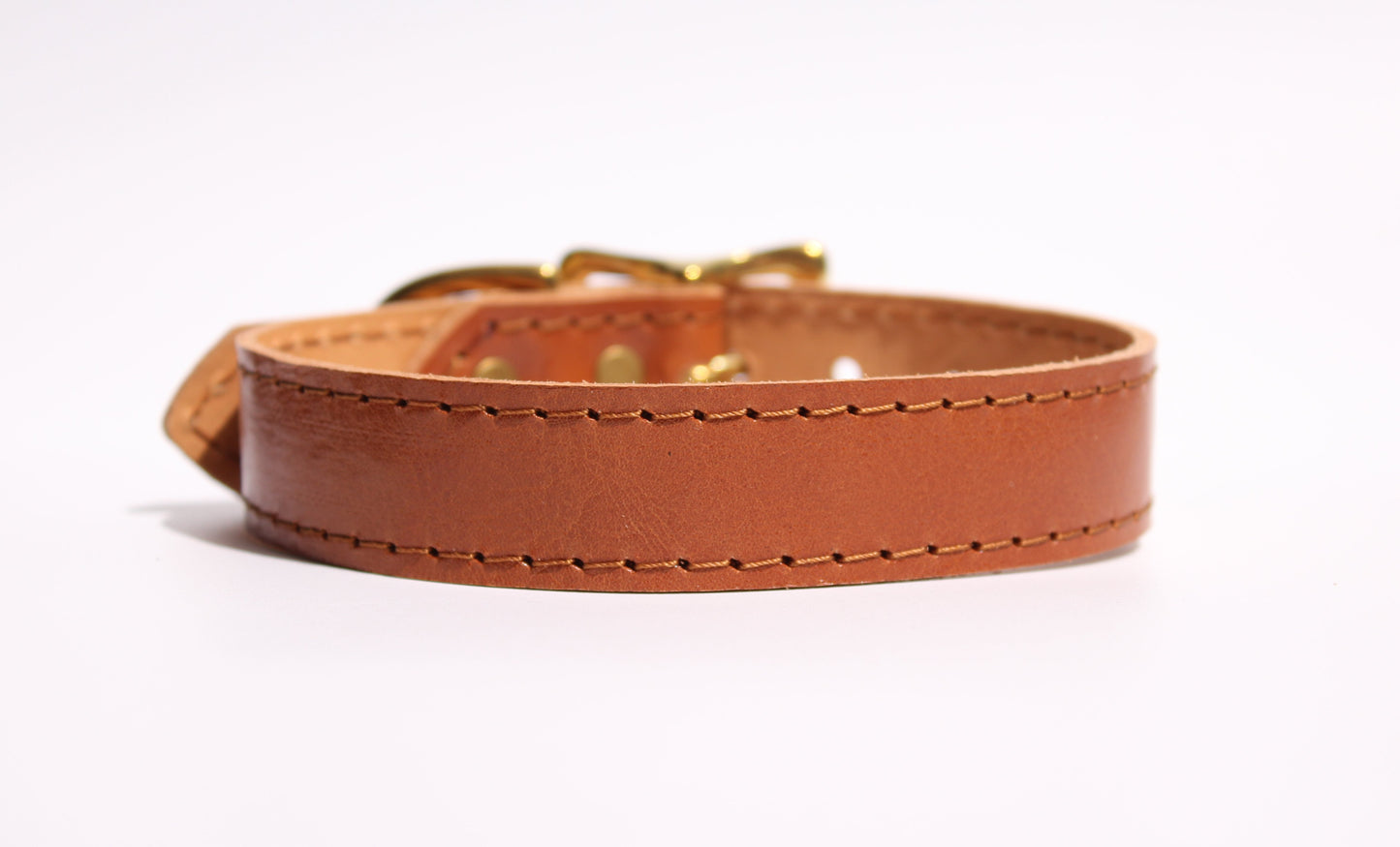 Back view of luxurious caramel leather dog collar with golden brass hardware, highlighting its premium quality and refined design.